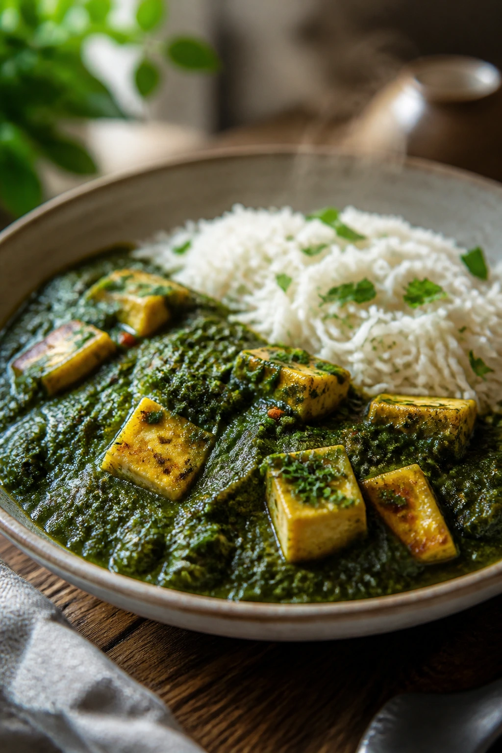 Bowl of saag paneer with rice and paneer cubes in green spinach sauce