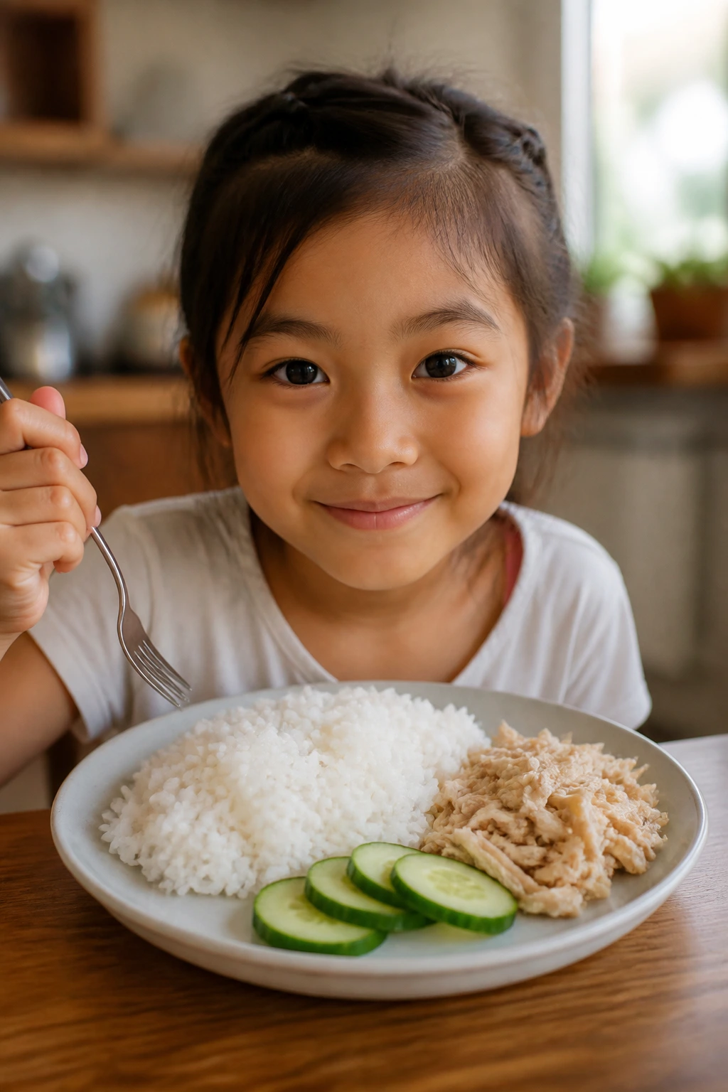 Child at table with simple plate of rice, chicken, and cucumber
