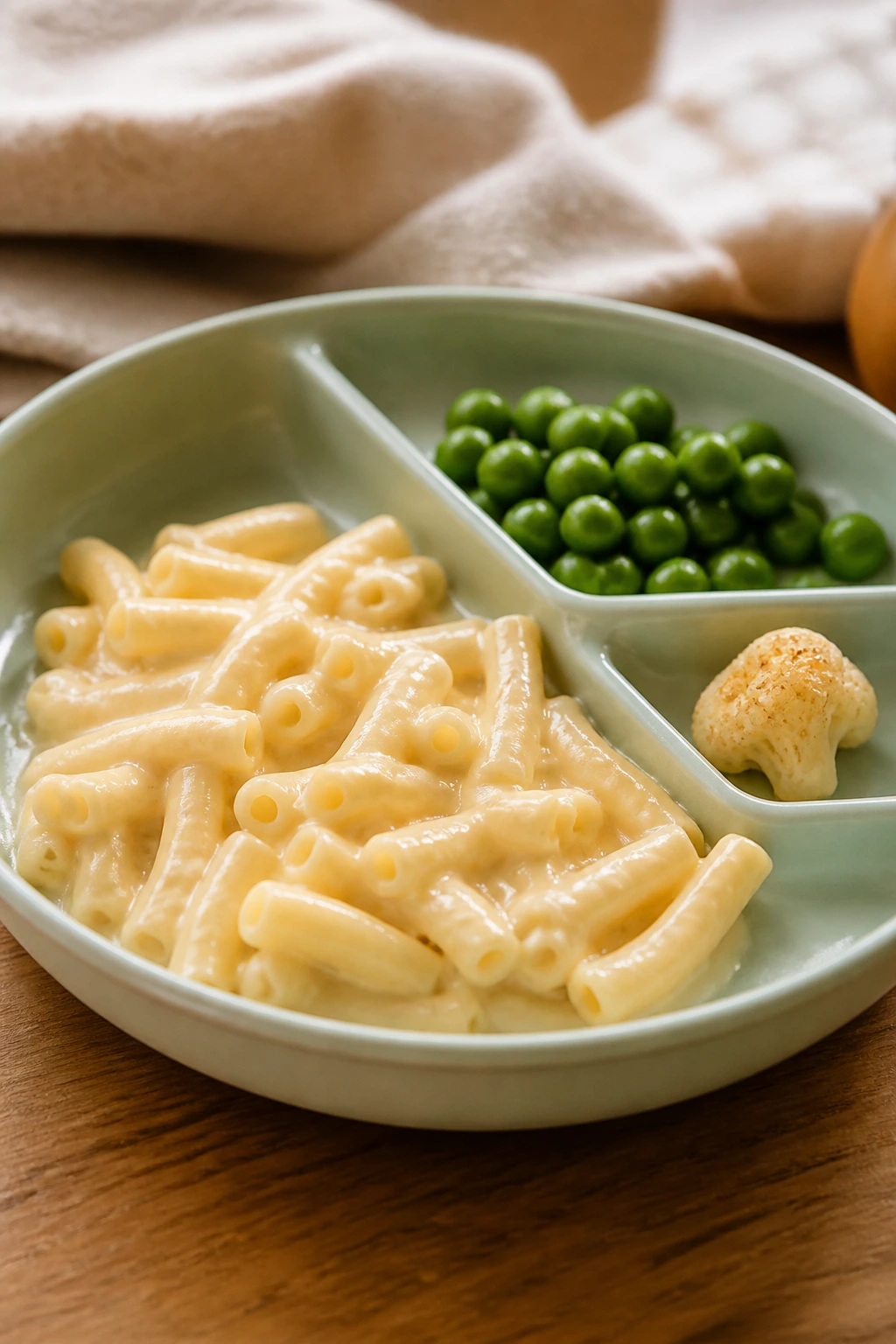 Plate with safe food and easy win for toddlers on a warm kitchen table