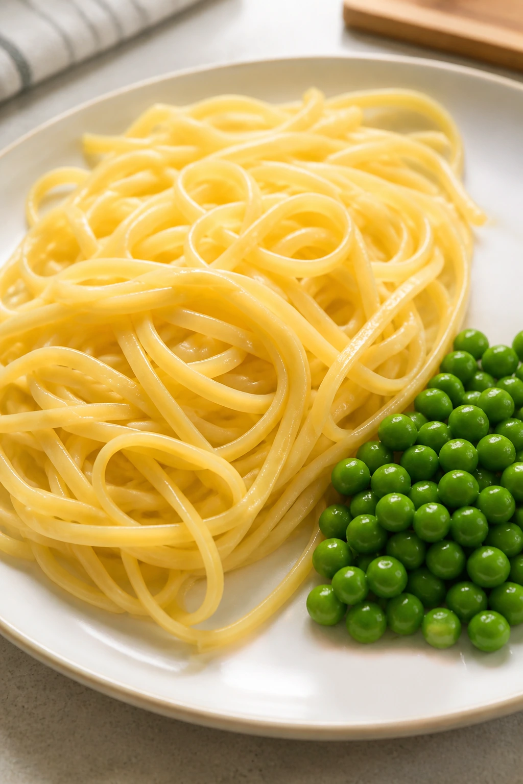 Plate showing plain pasta with a small peas stretch