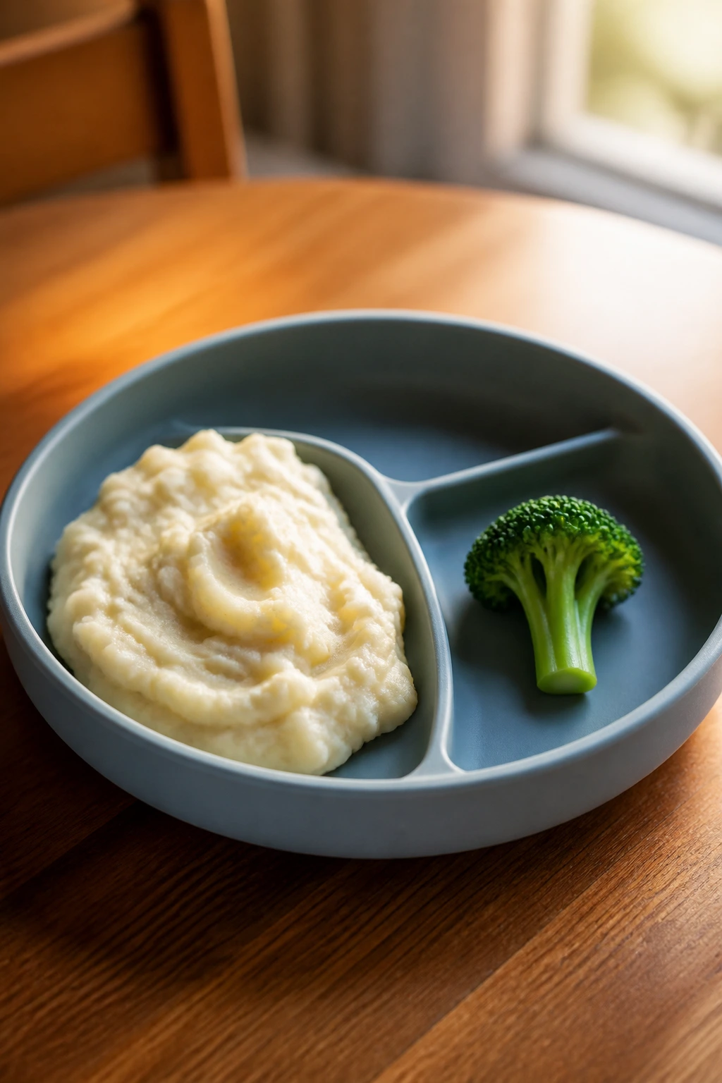 Plate showing safe food and stretch food: mashed potatoes and broccoli