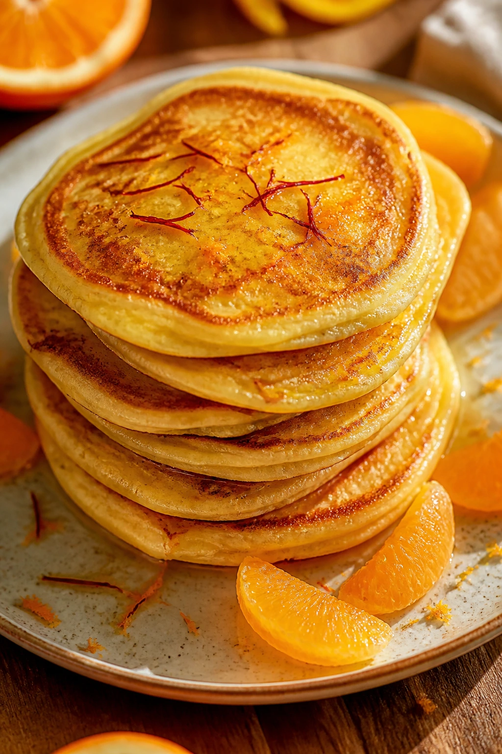 Close-up of Saffron Orange Pancakes with orange zest and segments