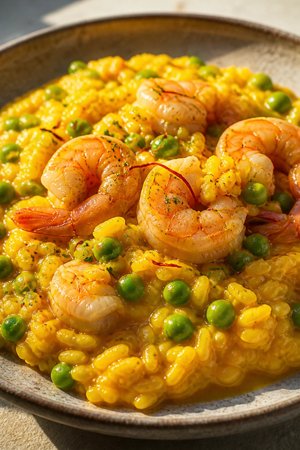 Close-up of saffron shrimp risotto with peas