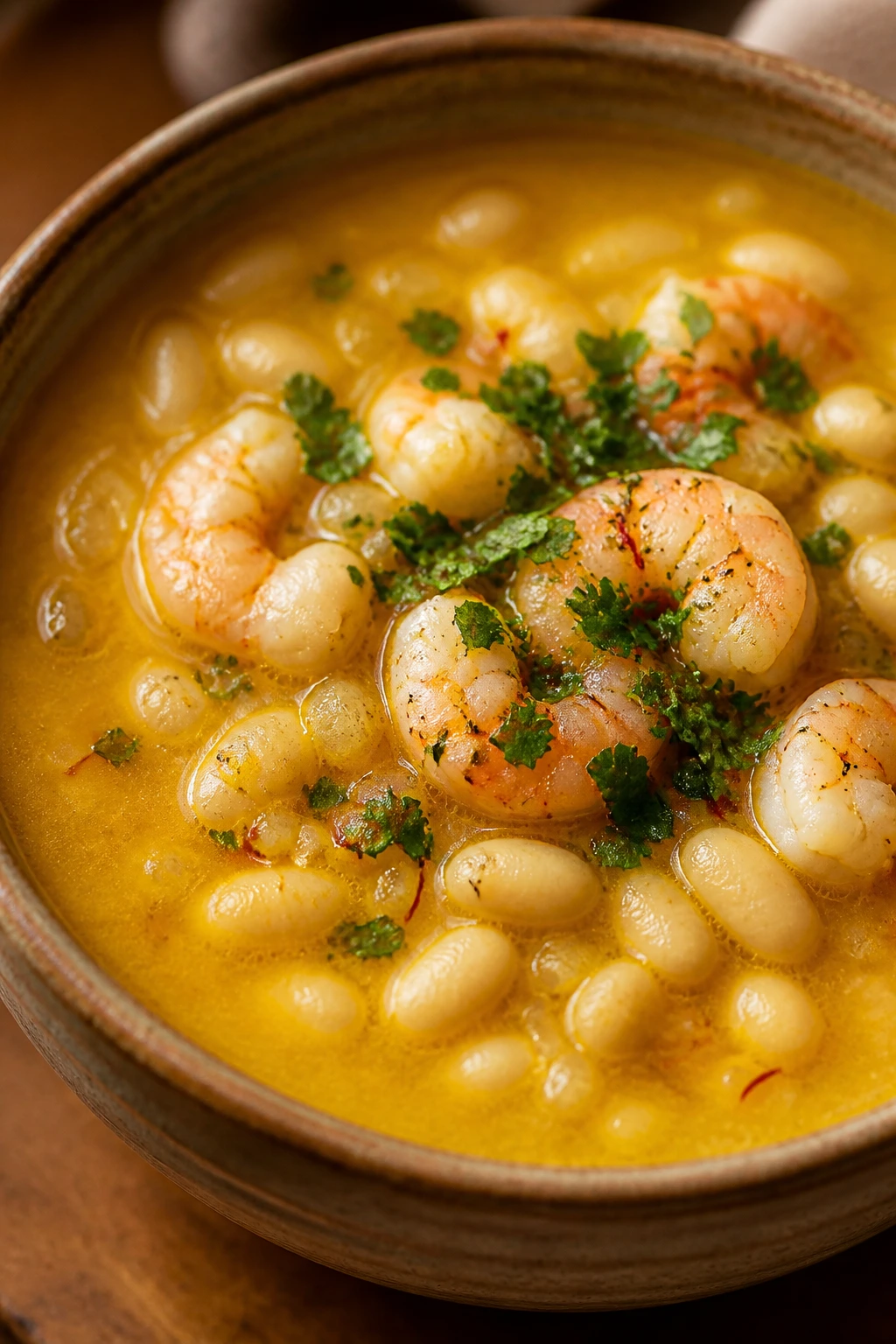 Golden saffron shrimp soup with white beans in a bowl
