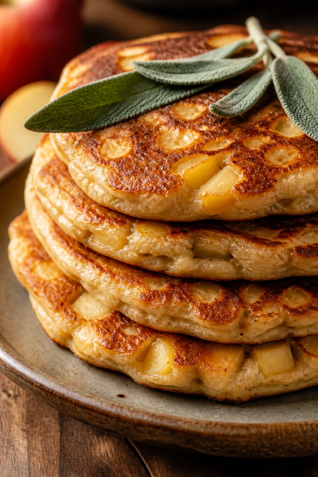Sage Apple Pancakes stack with apple pieces and sage