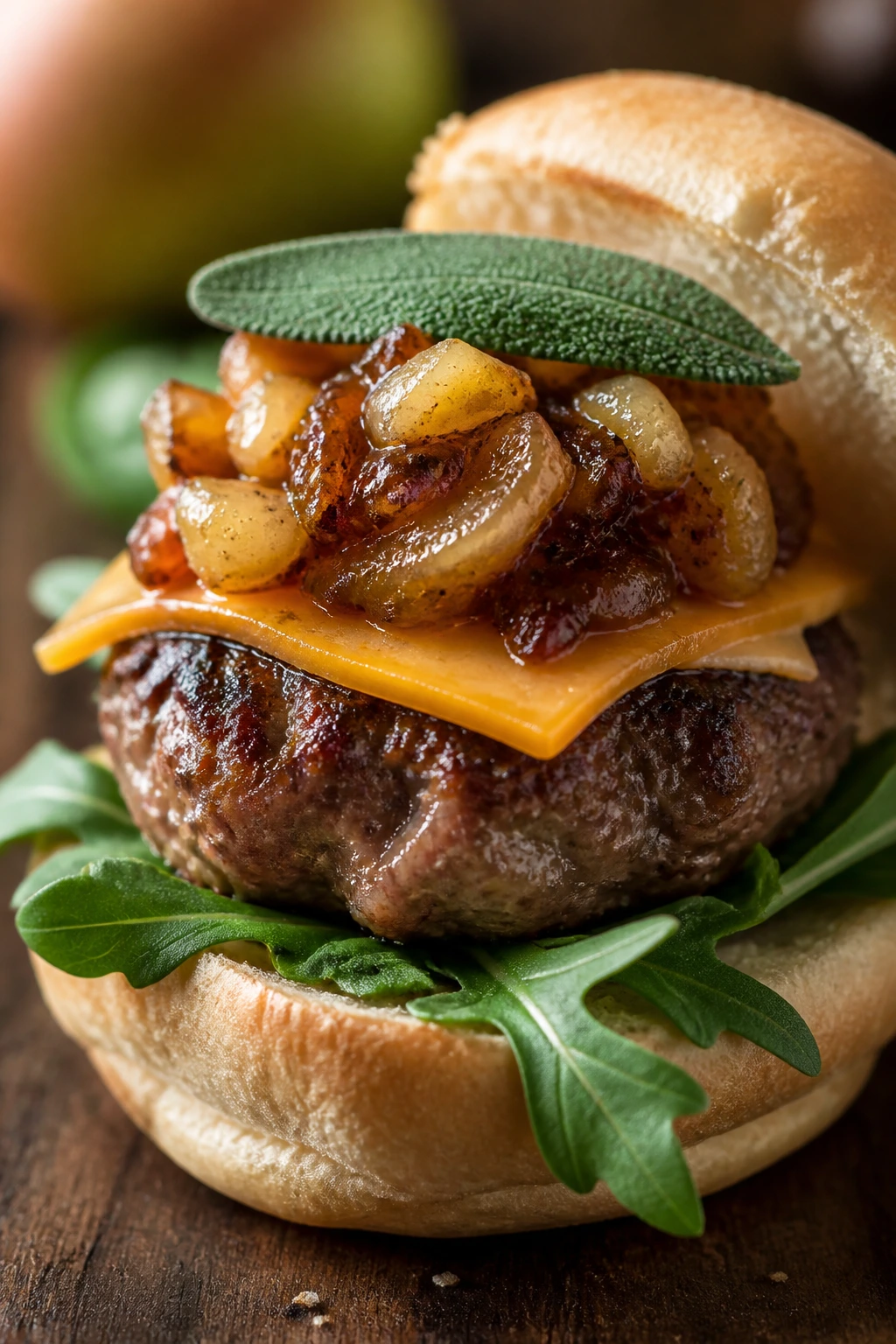 Close-up of sage beef slider with apple chutney and cheddar
