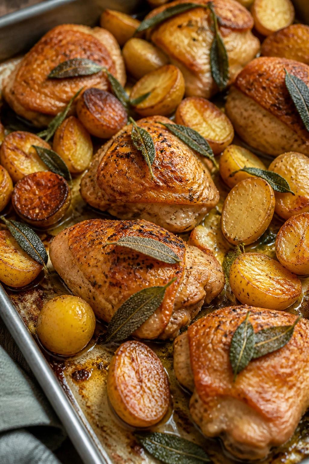 Sheet pan of sage butter chicken and crispy potatoes in a warm kitchen