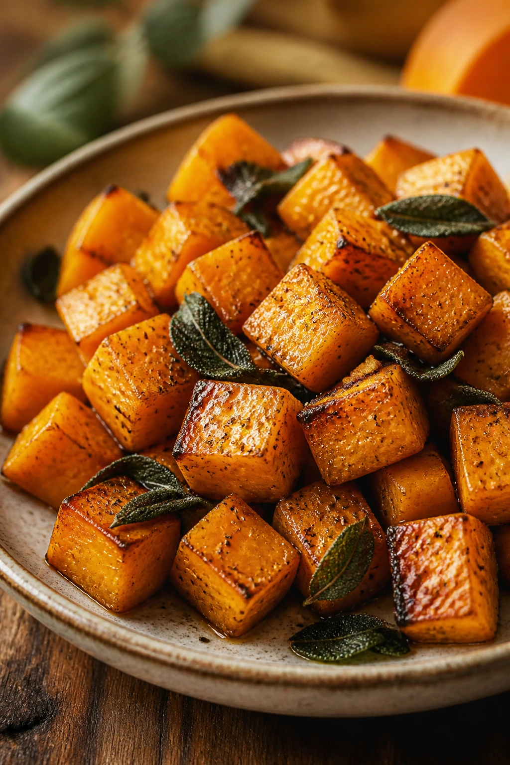 Close-up of sage-scented butternut squash cubes on a rustic plate