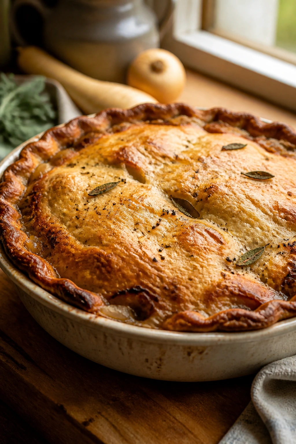 Golden crust sage and parsnip chicken pot pie in a dish.