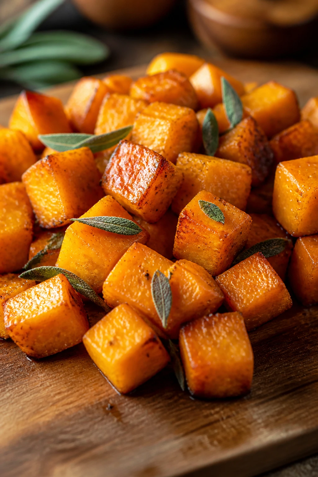 Close-up of sage-scented butternut squash cubes on wood board