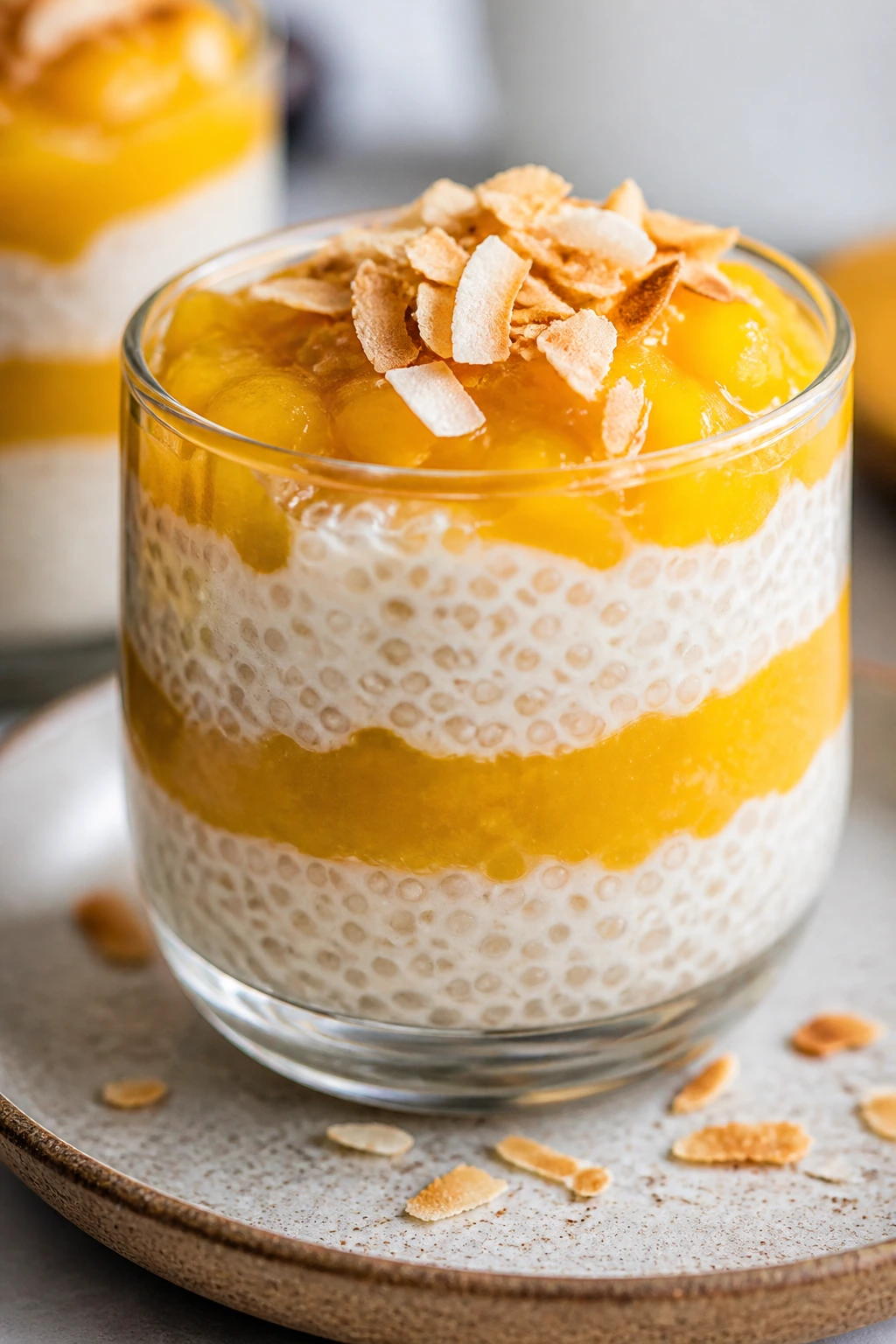 Layered coconut sago cup with mango topping in a clear glass