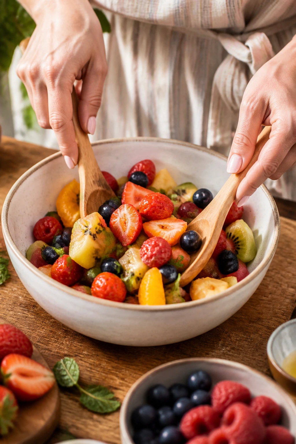 Hands gently tossing a fruit salad in a bowl to avoid bruising