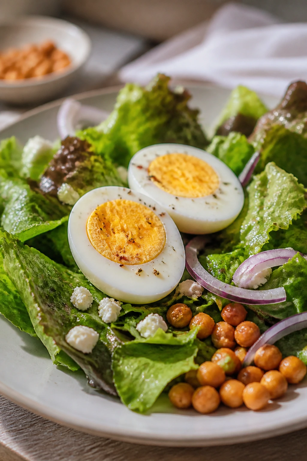 Egg halves atop greens with toasted chickpeas arranged neatly