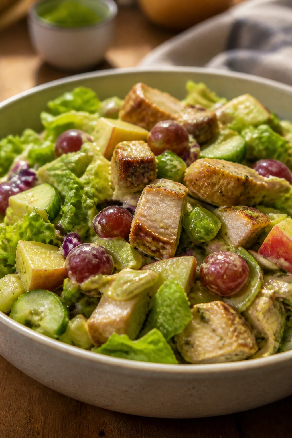 Vibrant bowl of Crisp Chicken Curry Salad with greens and fruit