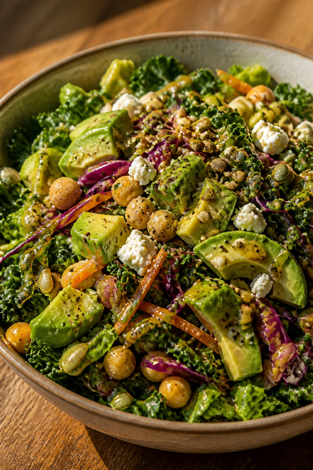 Close-up of a hearty veggie salad bowl with avocado feta and seeds on a wooden table