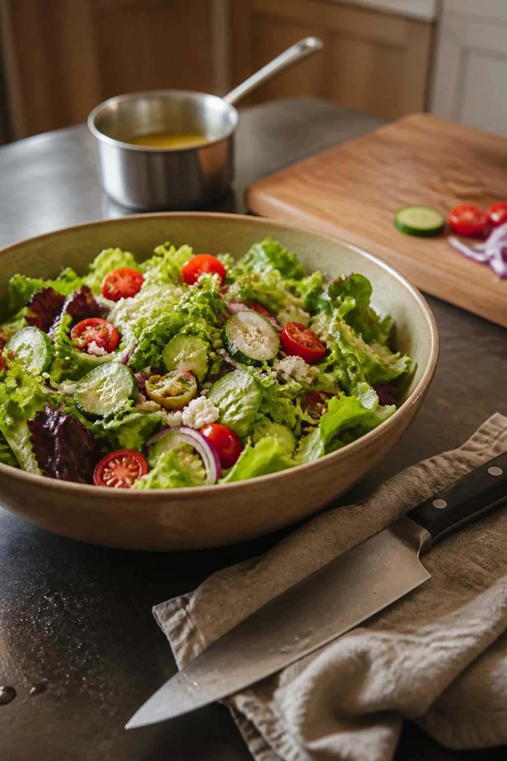 Salad bowl with essential tools arranged nearby