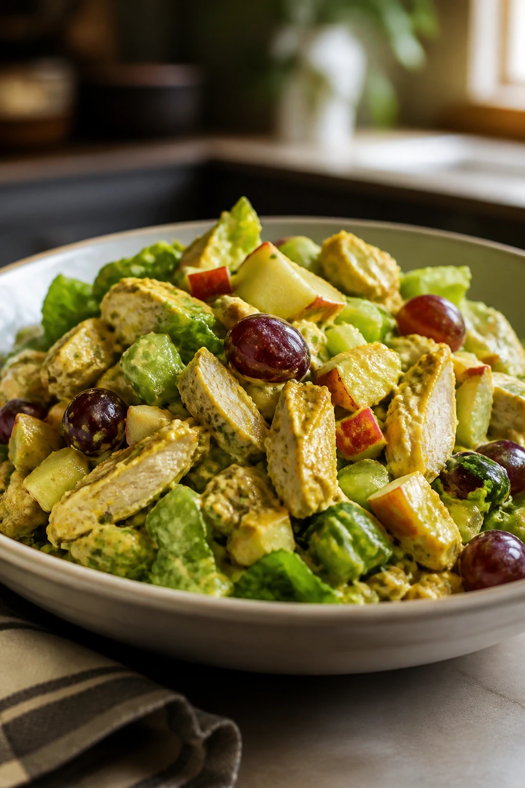 Curry salad in a wide shallow bowl with romaine and grapes