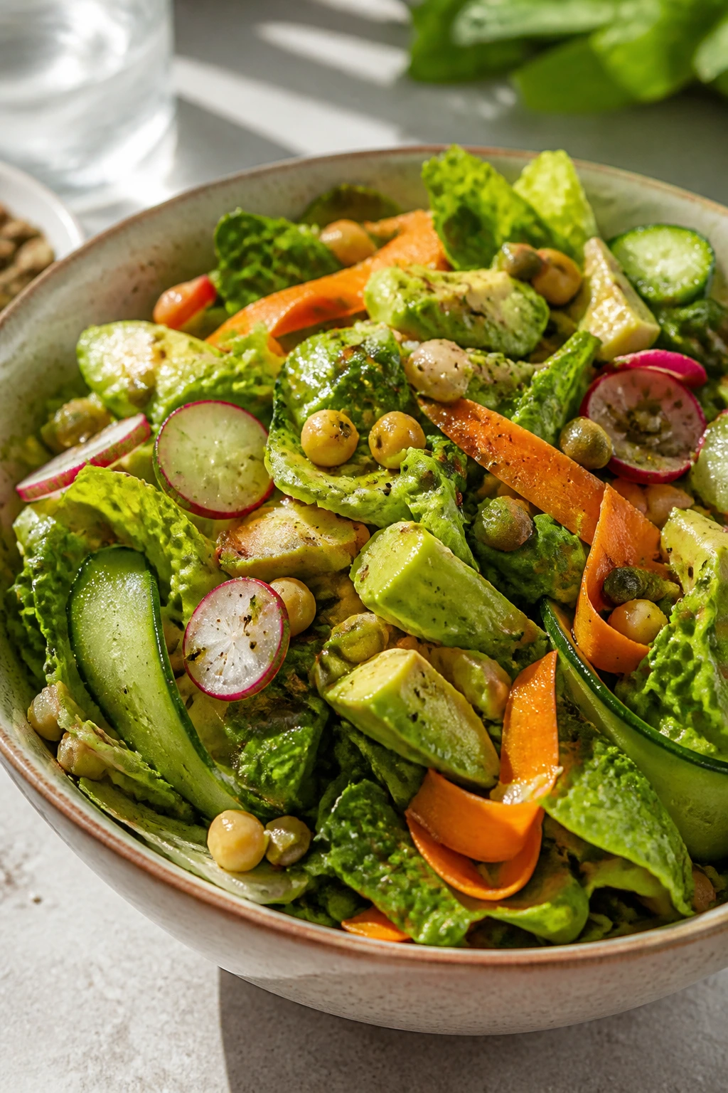 Close-up of a vibrant vegan salad bowl with crisp greens and toppings in a sunlit kitchen