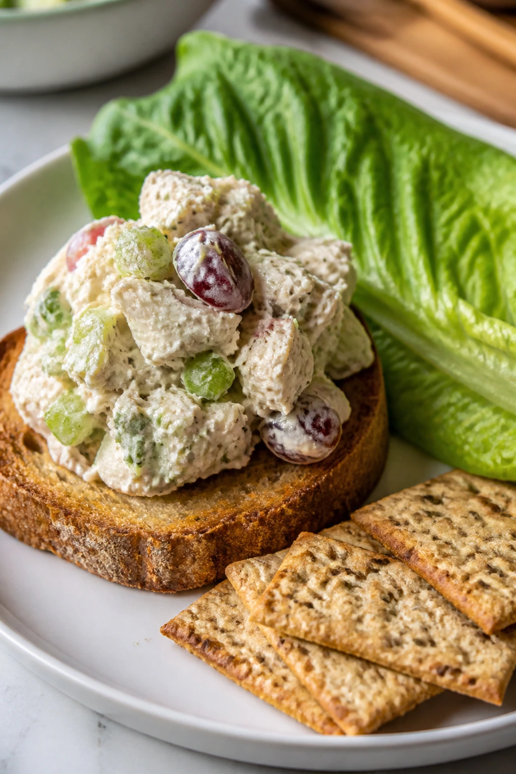 Toast topped with yogurt chicken salad on greens