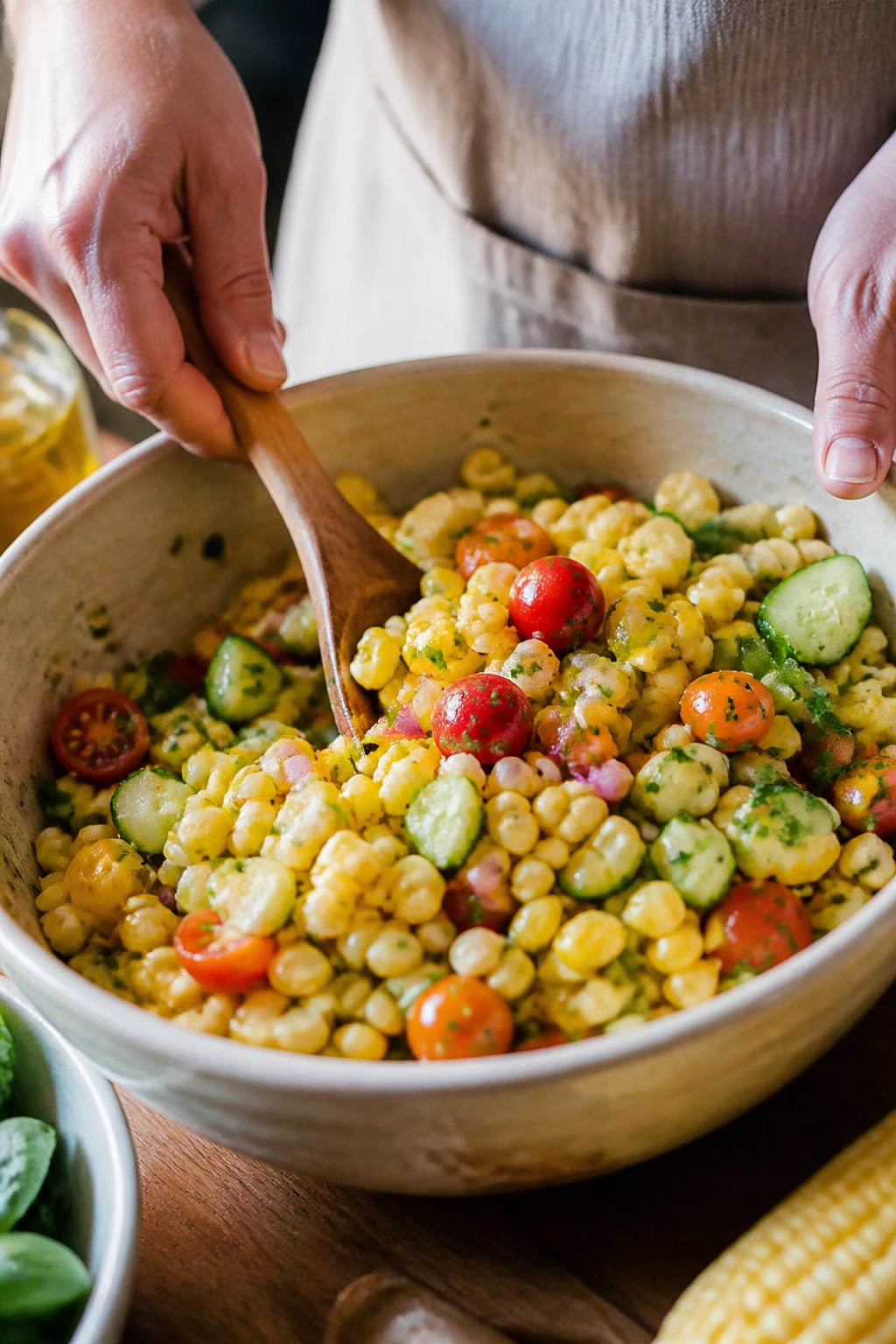 Hands tossing corn salad in a bowl on a kitchen counter