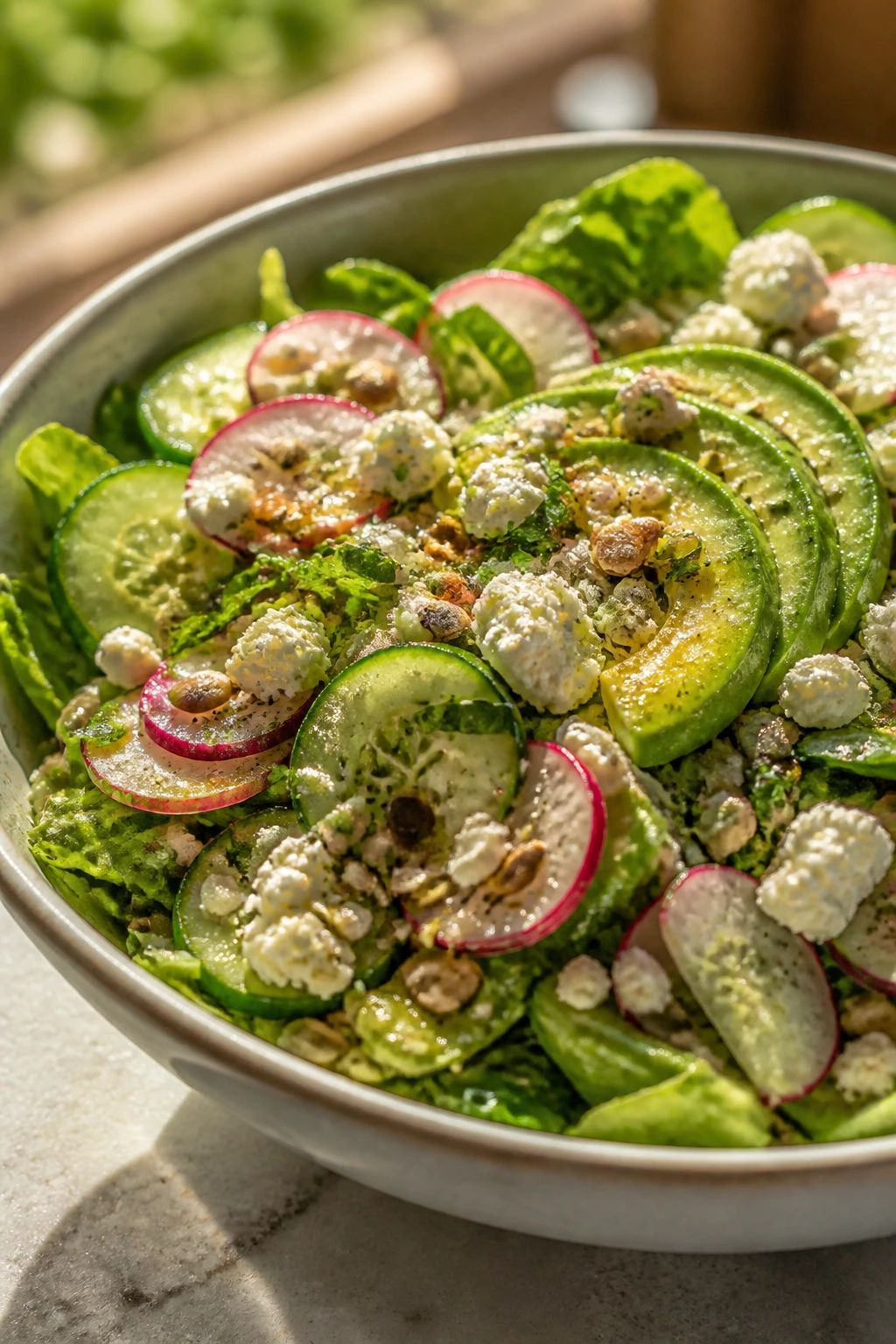 Close-up of salad with cucumber, radish, avocado, feta, and seeds in a bowl with bright vinaigrette