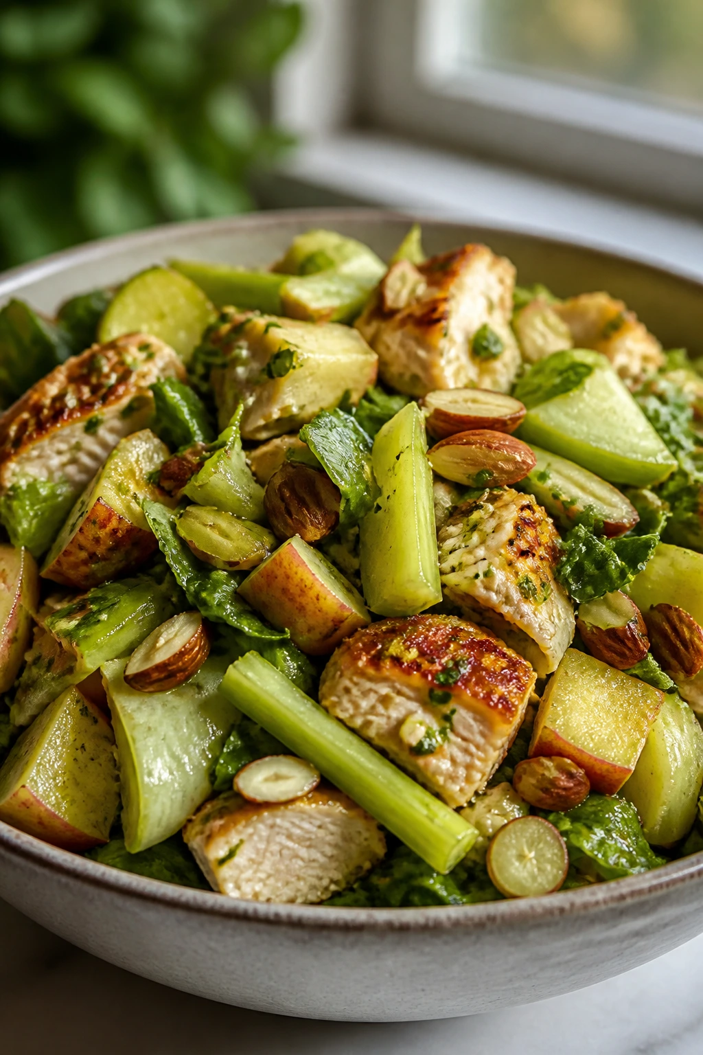 Close-up of crisp chicken curry salad with celery cucumber apple and almonds