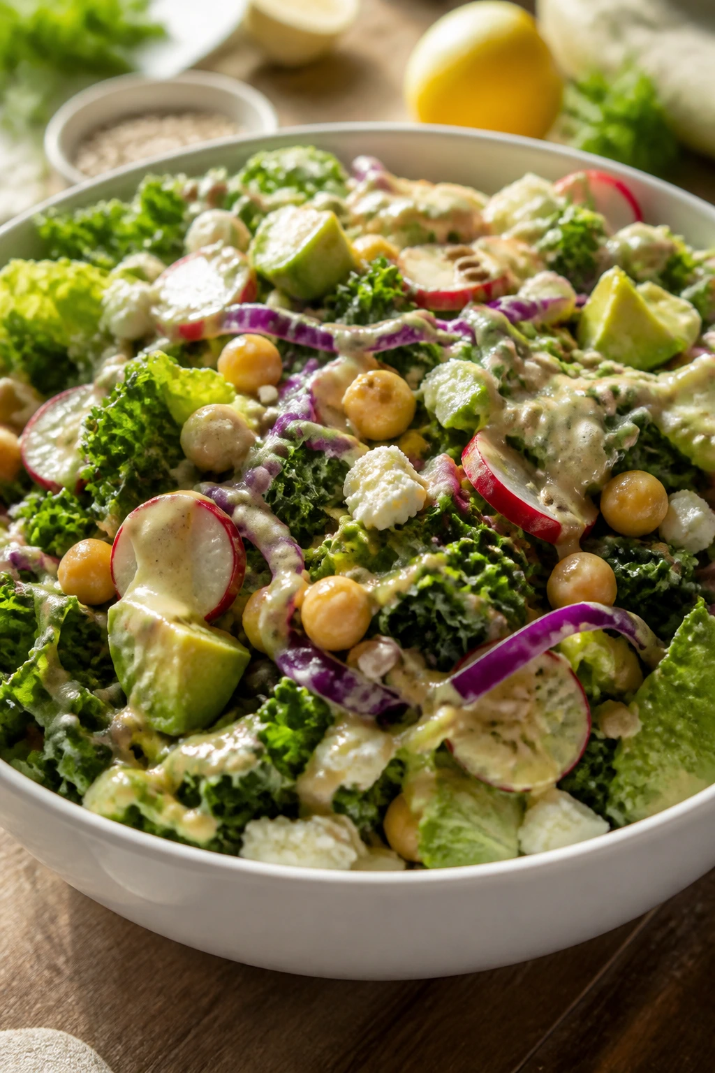 Close-up of a crunchy veggie salad bowl with kale, romaine, cabbage, radishes, feta, avocado, chickpeas, seeds, and dressing.