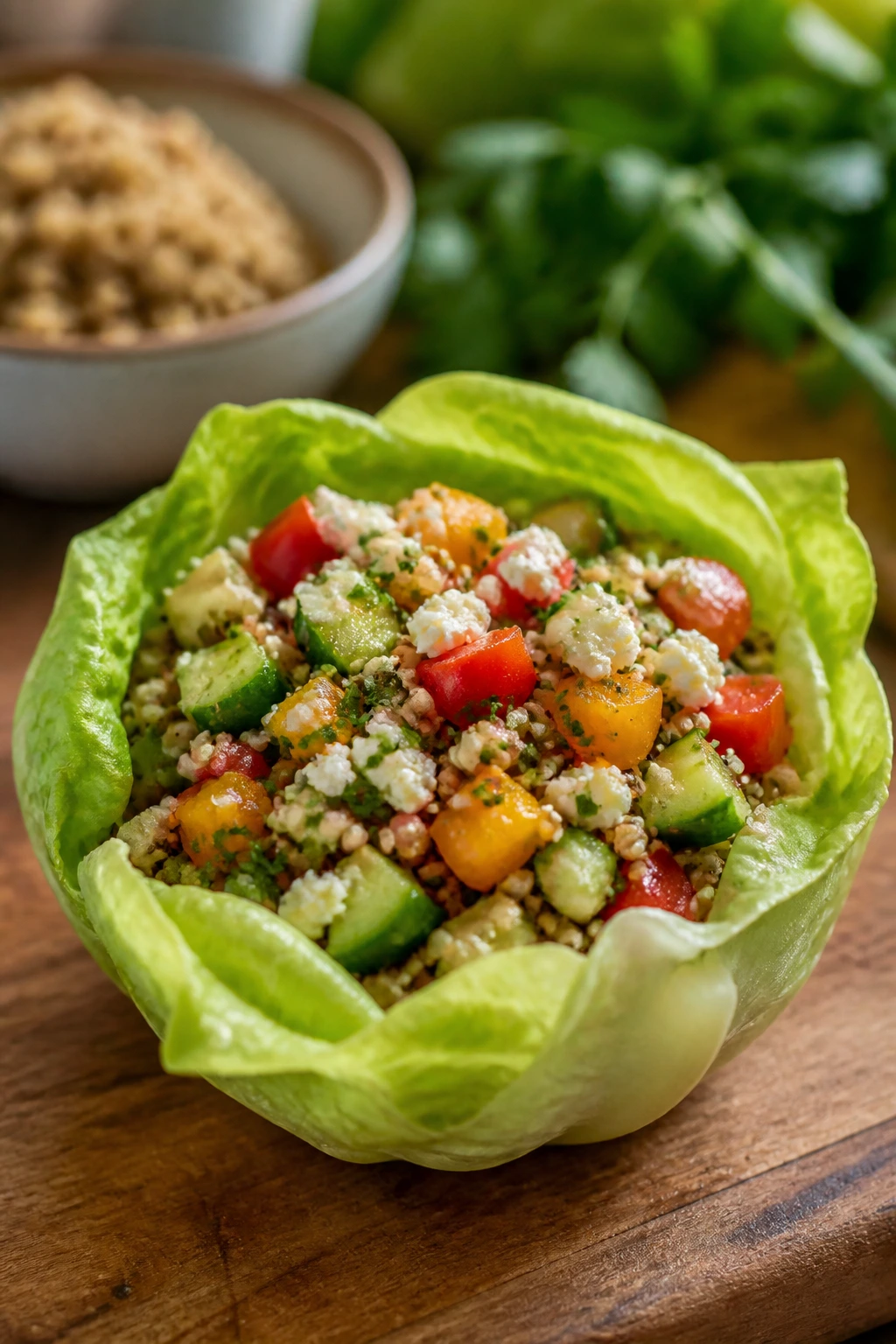 Lettuce cup with neatly chopped quinoa and vegetables in a kitchen setting