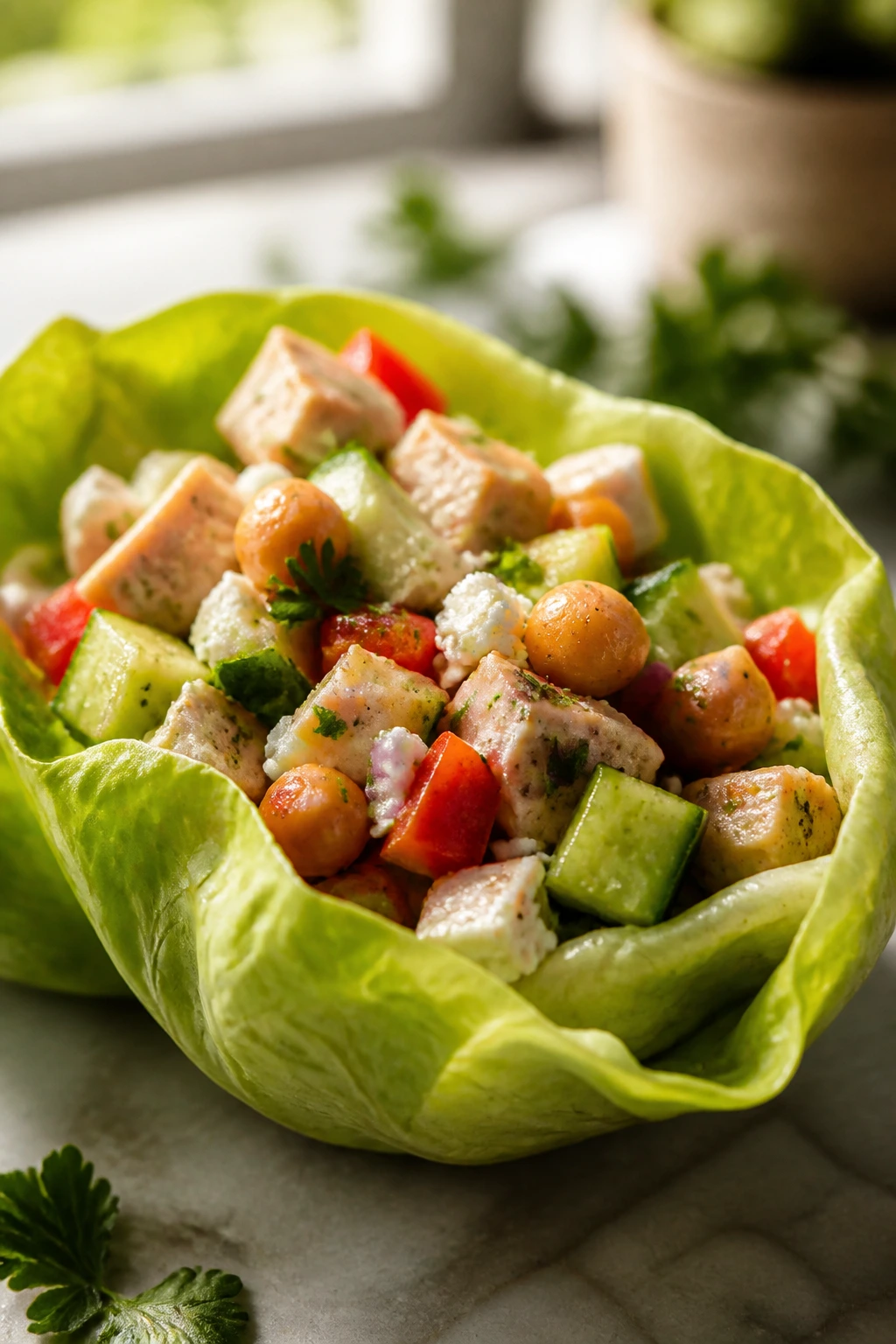 Macro of butter lettuce cup with evenly diced filling