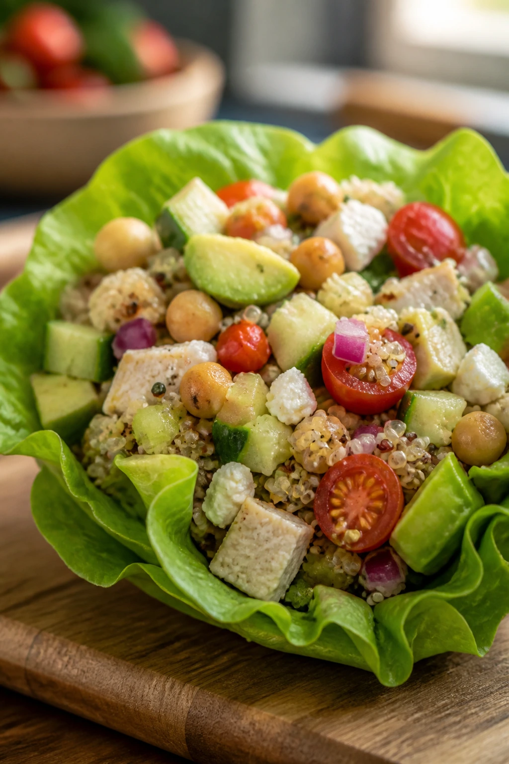 Lettuce cup filled with small pieces of quinoa chicken chickpeas and vegetables