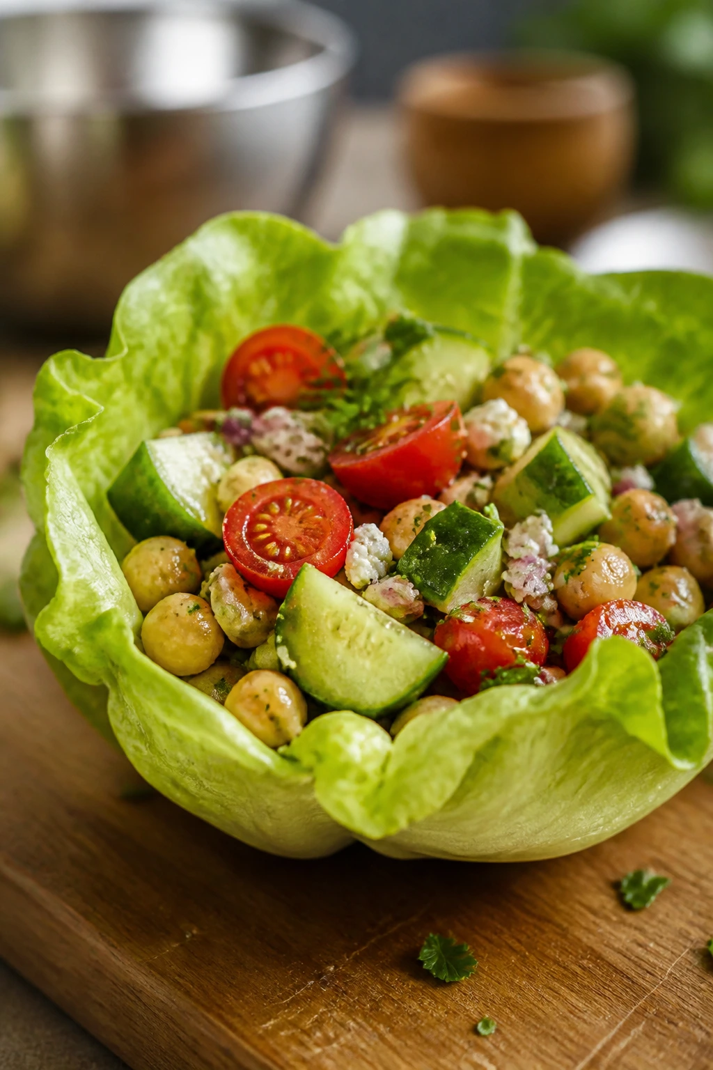 Lettuce cup with kitchen tools blurred in background