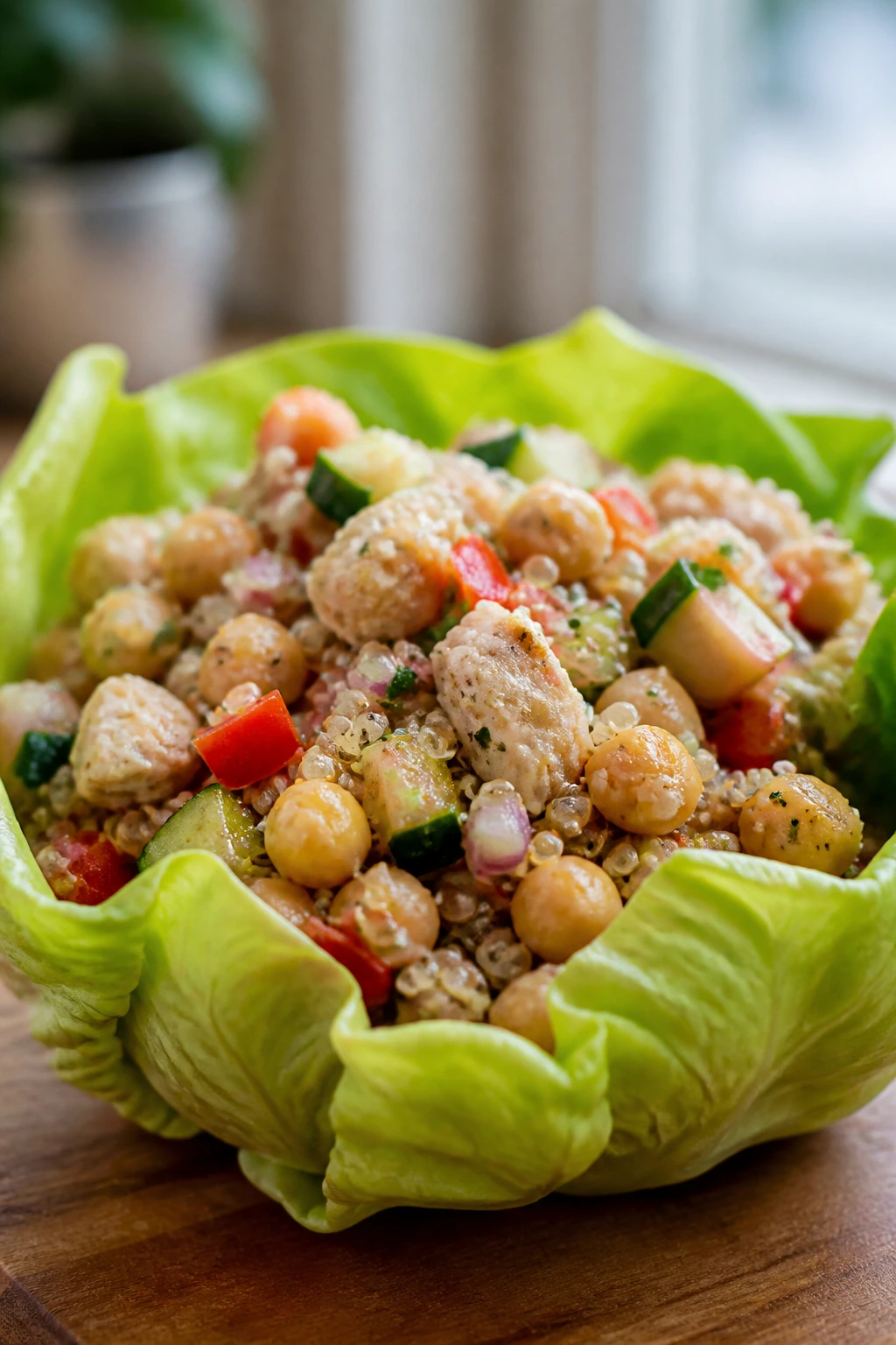 Single butter lettuce salad cup filled with quinoa chicken chickpeas and vegetables
