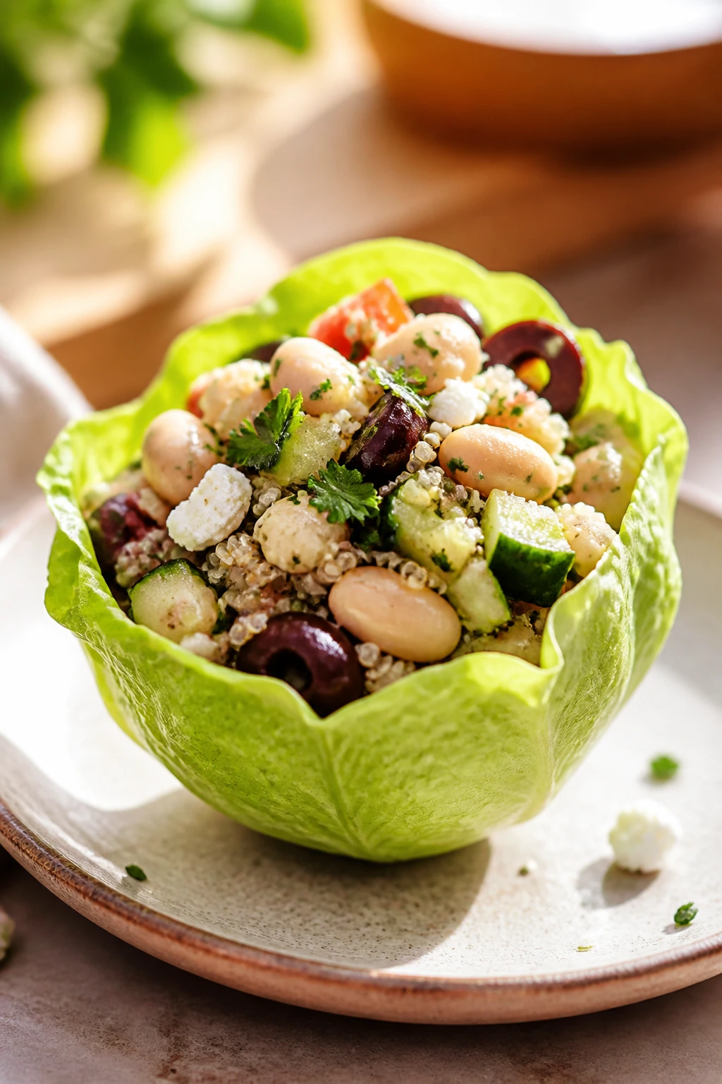 Mediterranean-style lettuce cup with beans and olives
