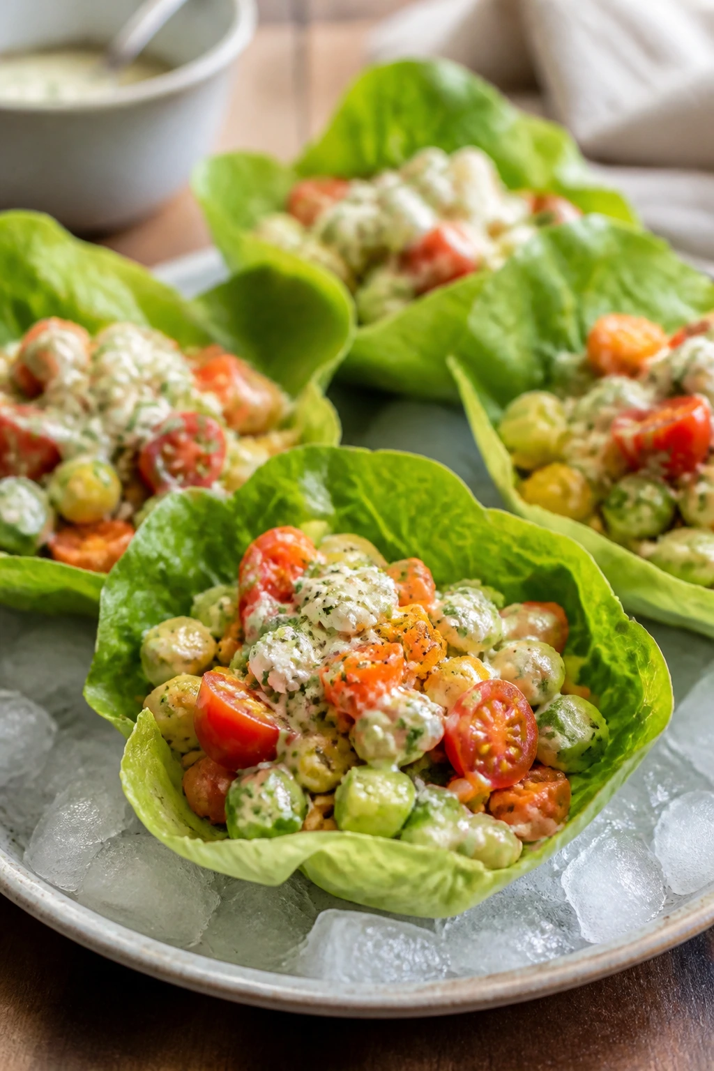 Multiple lettuce cups on a chilled platter showing crisp texture