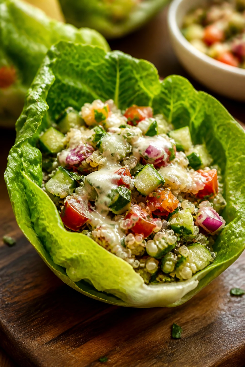 Close-up of a lettuce cup filled with quinoa and veggies on a wooden counter