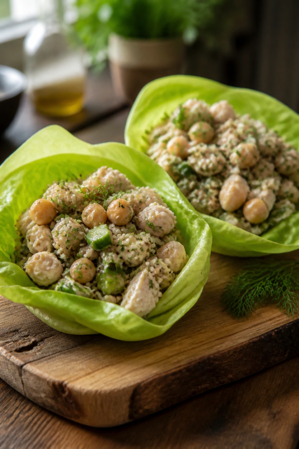 Close-up of butter lettuce salad cups with quinoa chicken chickpea filling on wooden board