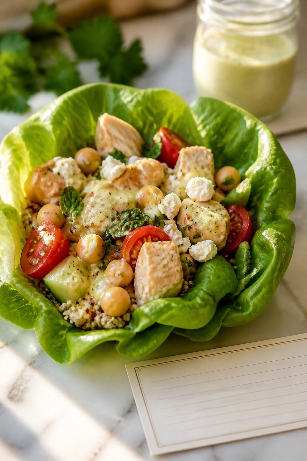 Lettuce cup filled with quinoa and chicken beside a blank recipe card