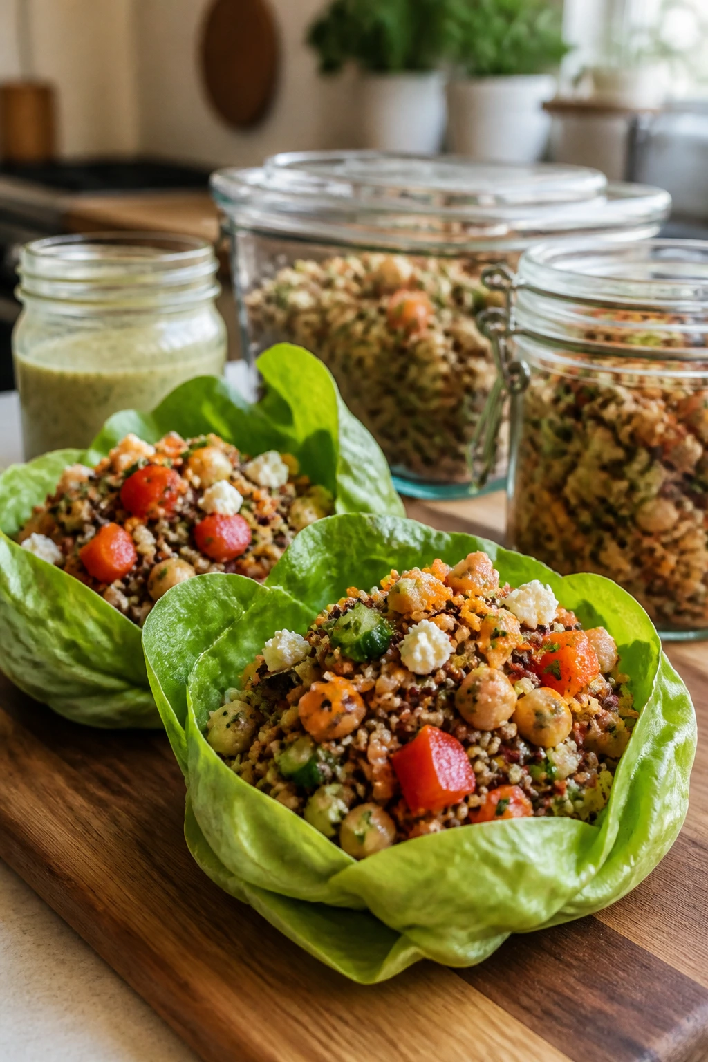 Two lettuce cups with dressing jars in a kitchen setting