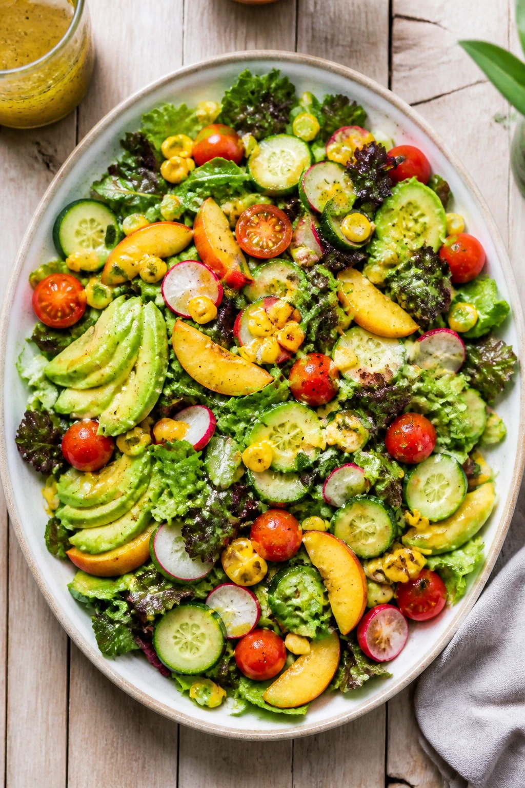 Vibrant summer salad on a platter with cucumber, peaches, corn, tomatoes, radish, avocado and glossy vinaigrette