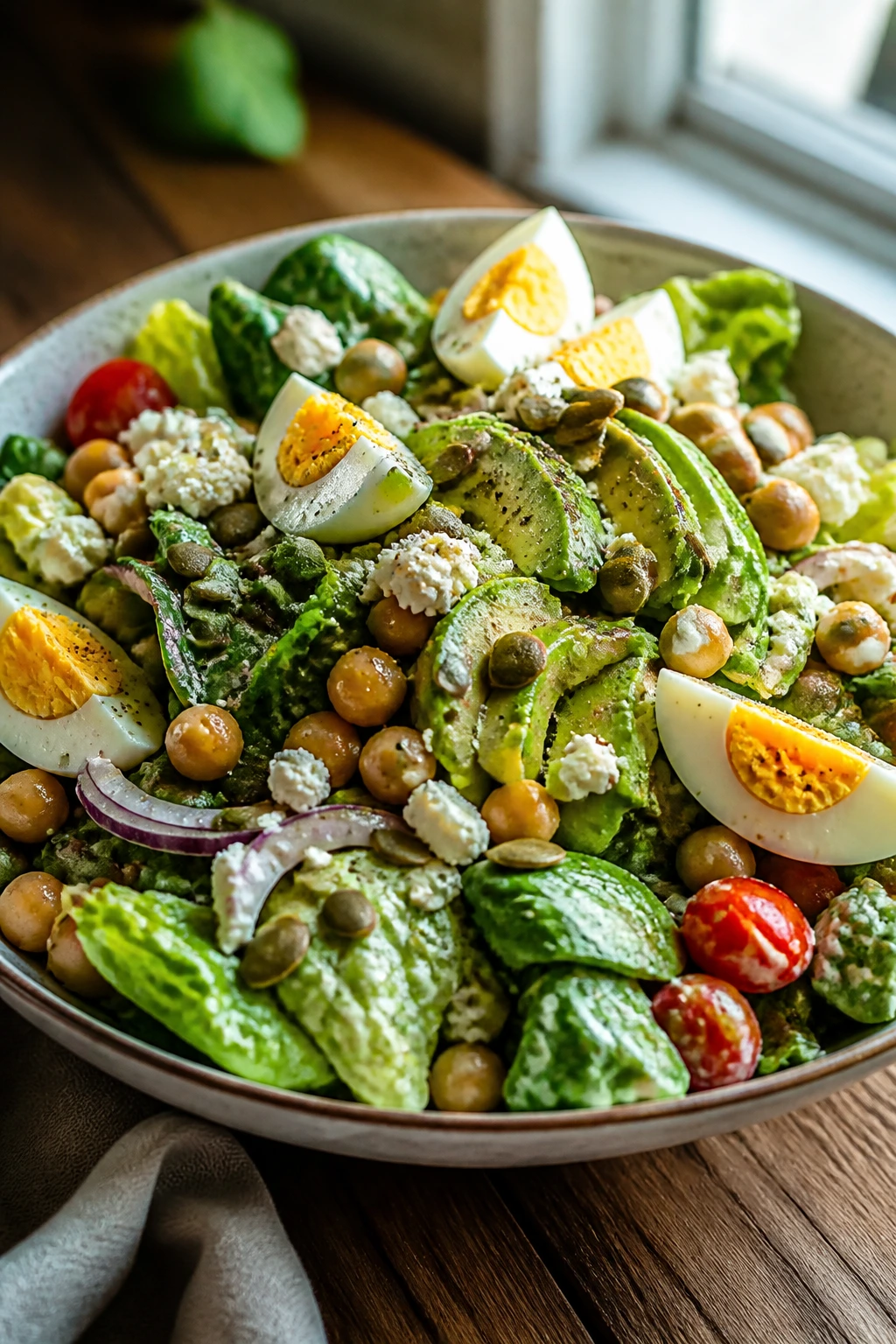 Close-up of a dressed tossed salad with eggs, chickpeas, and avocado in a shallow bowl on a sunlit kitchen table