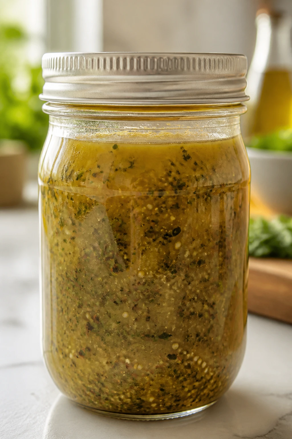 Glass jar of salad dressing on a kitchen counter
