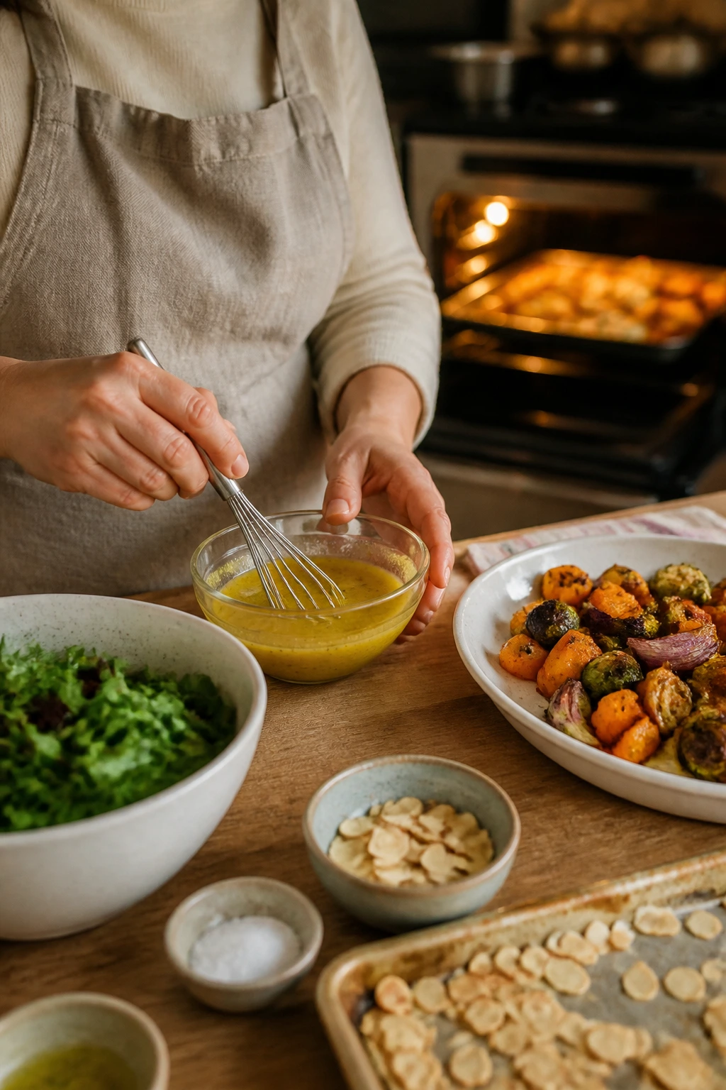 Real person whisking dressing with roasting vegetables in background