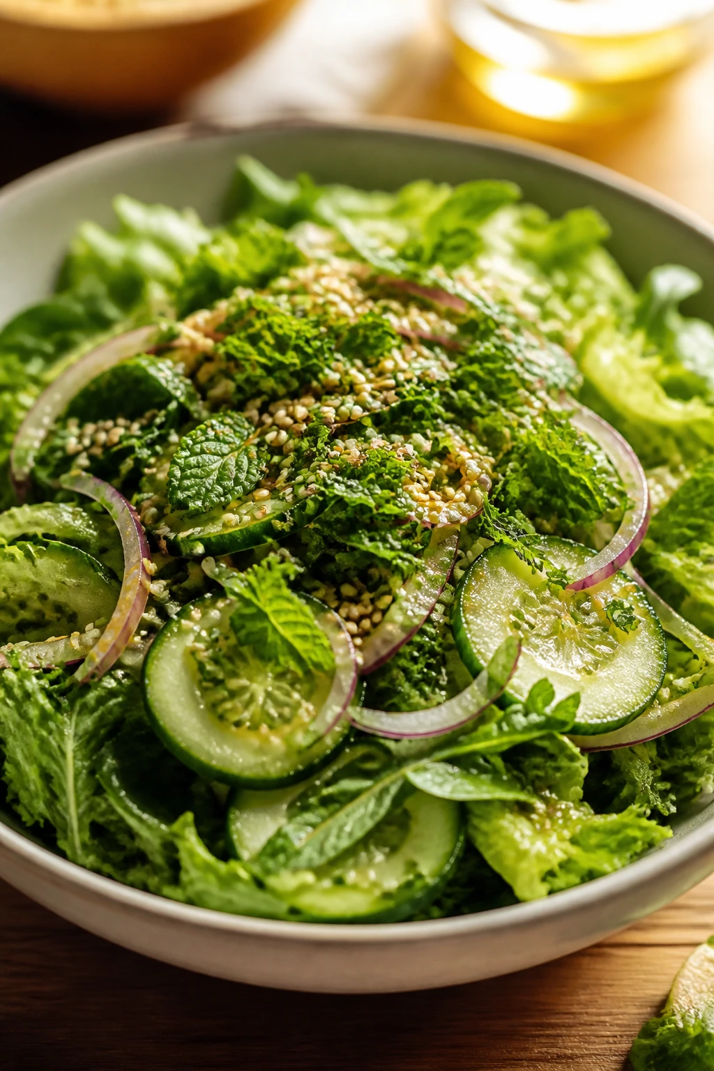 Salad bowl topped with seeds and herbs for a final finish