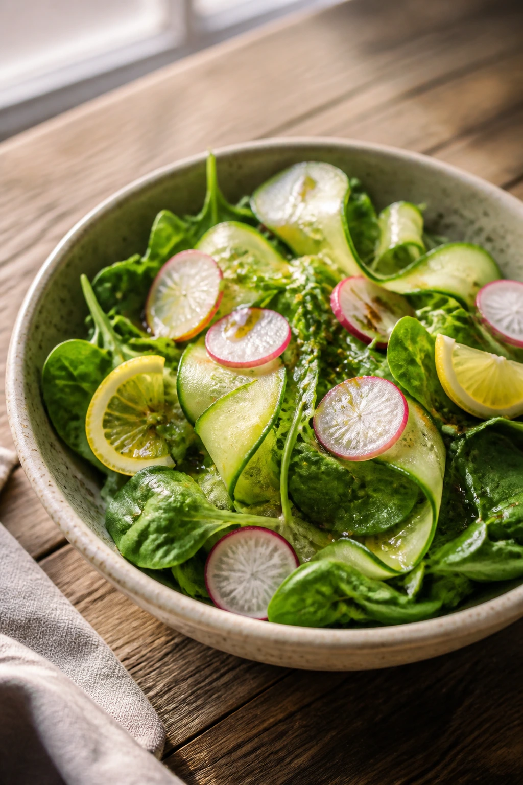 Close-up of a vibrant greens salad with cucumber and radish in a bowl