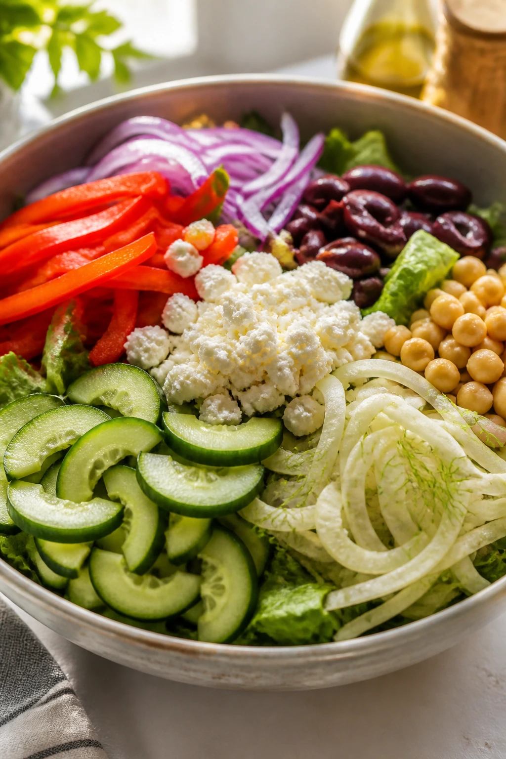 Step-by-step layered salad in a large bowl
