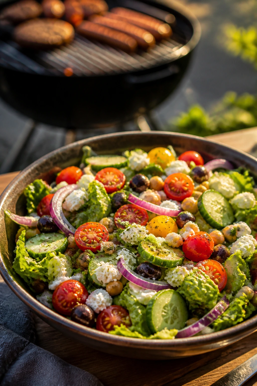 Close-up of Salad near a grill on an outdoor table during golden hour