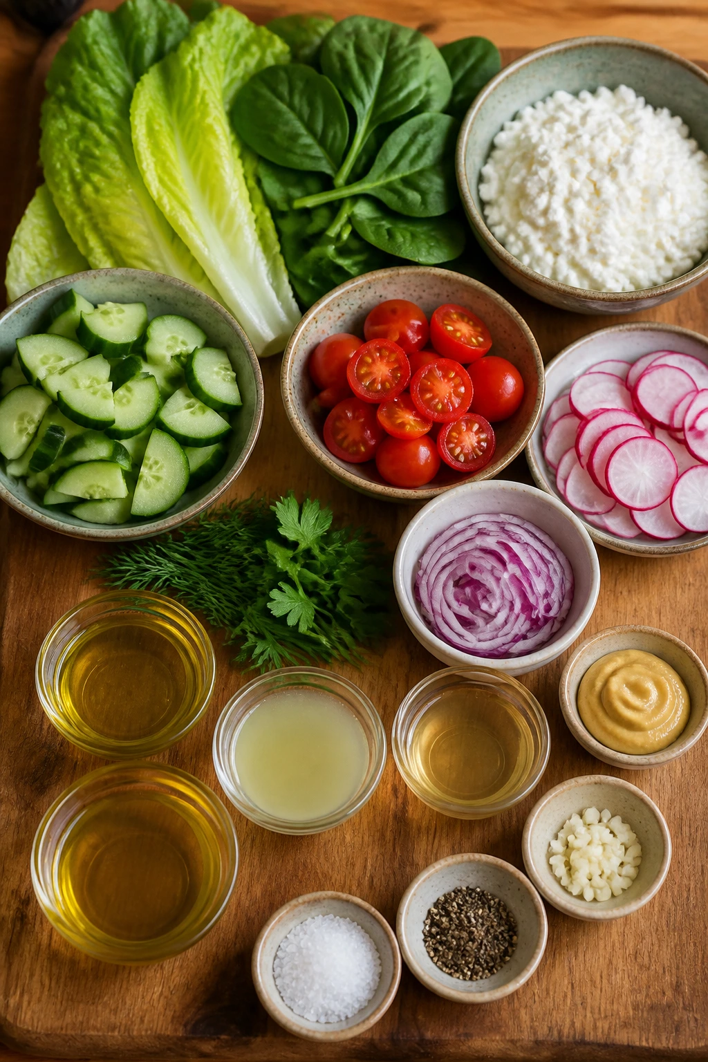 Assorted salad ingredients and dressing components arranged for cottage cheese salad