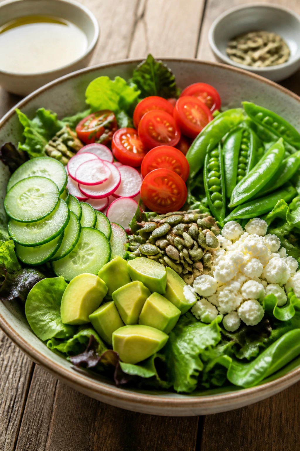 Ready-to-use salad ingredients in a bowl: greens, cucumber, radish, tomatoes, peas, avocado, feta, seeds