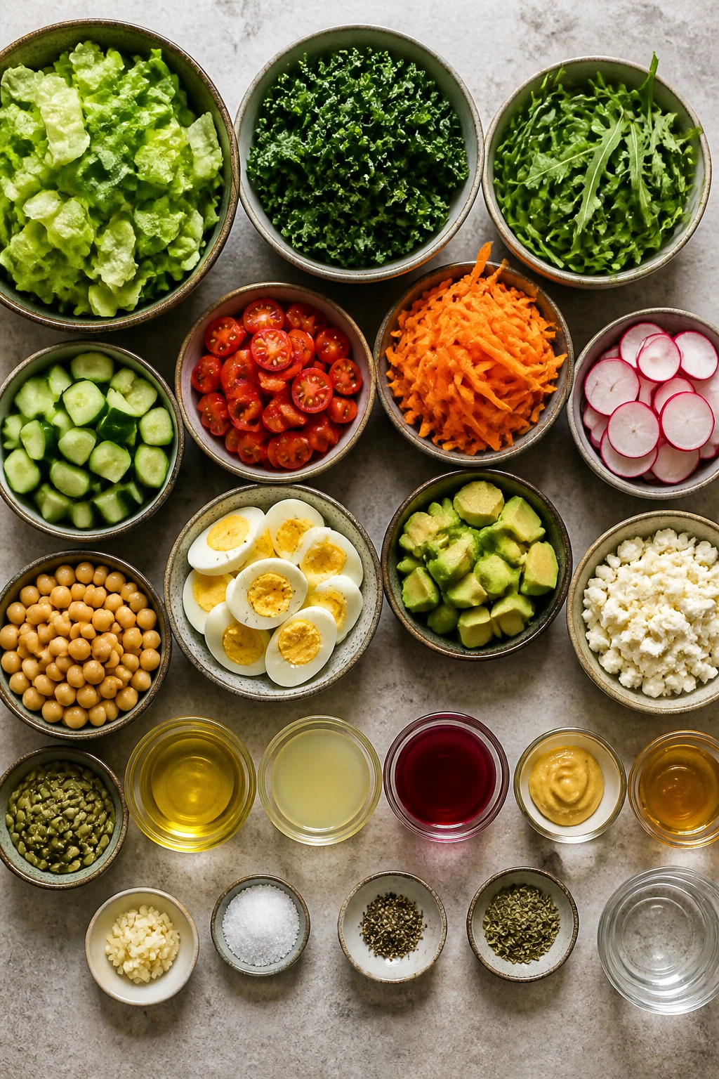 Top-down arrangement of salad ingredients measured and ready