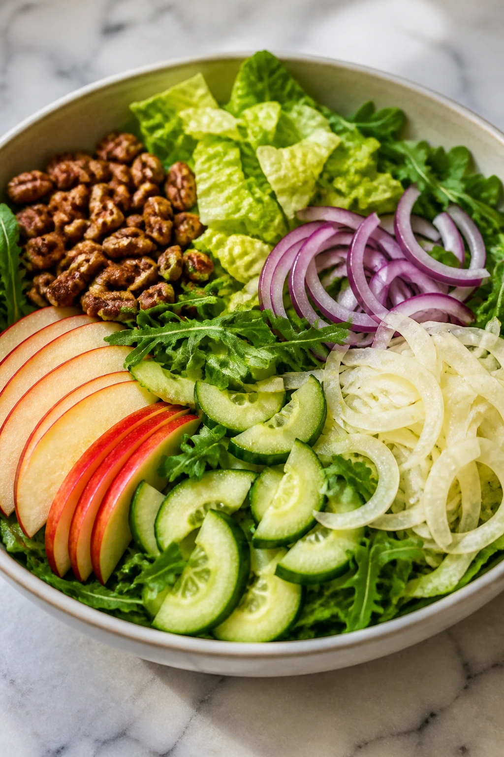 Bowl brimming with greens, fennel, cucumber, apple, onion, and pecans